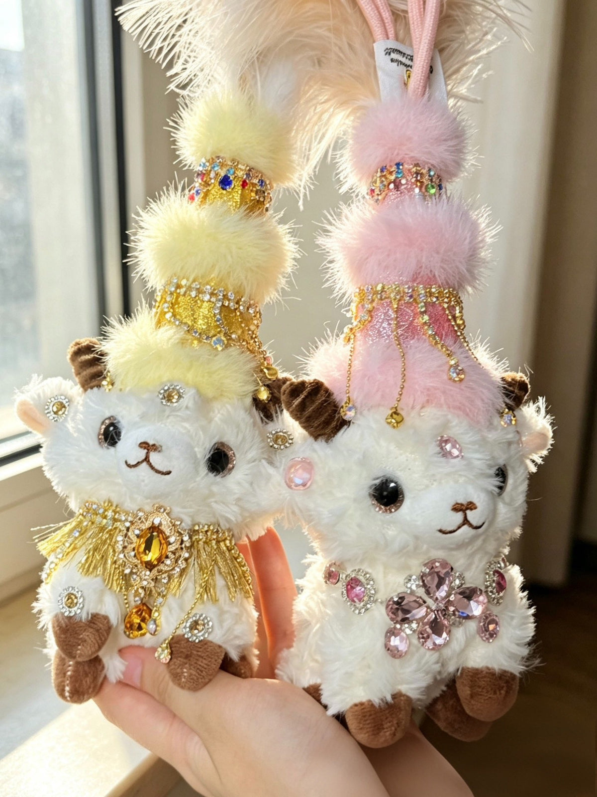 Handmade Xinjiang Ethnic Style Little Sheep Plush Doll, Sparkly Rhinestone Tassel Decor Fluffy Doll Bag Hanging Ornament Gift