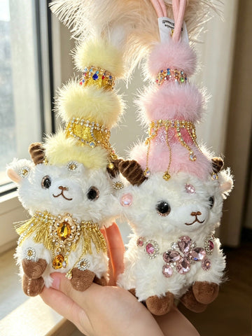 Handmade Xinjiang Ethnic Style Little Sheep Plush Doll, Sparkly Rhinestone Tassel Decor Fluffy Doll Bag Hanging Ornament Gift