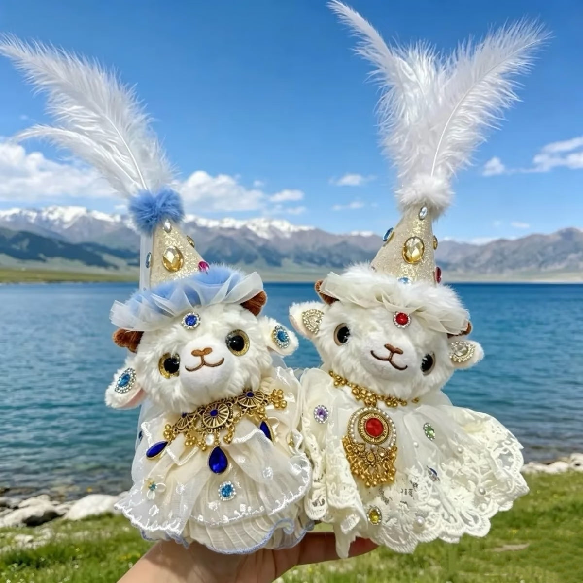 Handmade Xinjiang Ethnic Style Little Sheep Plush Doll, Sparkly Rhinestone Tassel Decor Fluffy Doll Bag Hanging Ornament Gift